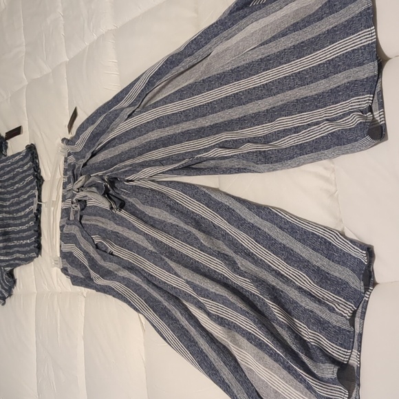 2 piece set off the shoulder top and pant. Navy denim color and white striped. - Picture 3 of 7